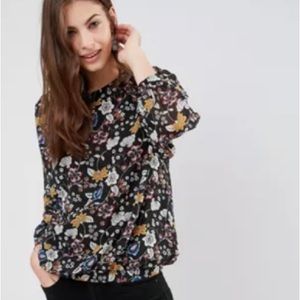 By JOIE Size XS Women’s Floral Print Blouse Top Long Puff Sleeves Black Yellow